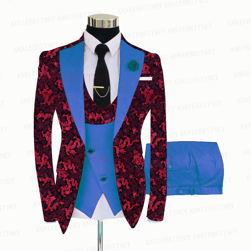 Red Floral Print Men's Suit 3 Pieces  Slim fit Suit Jacket For Wedding, Special Events
