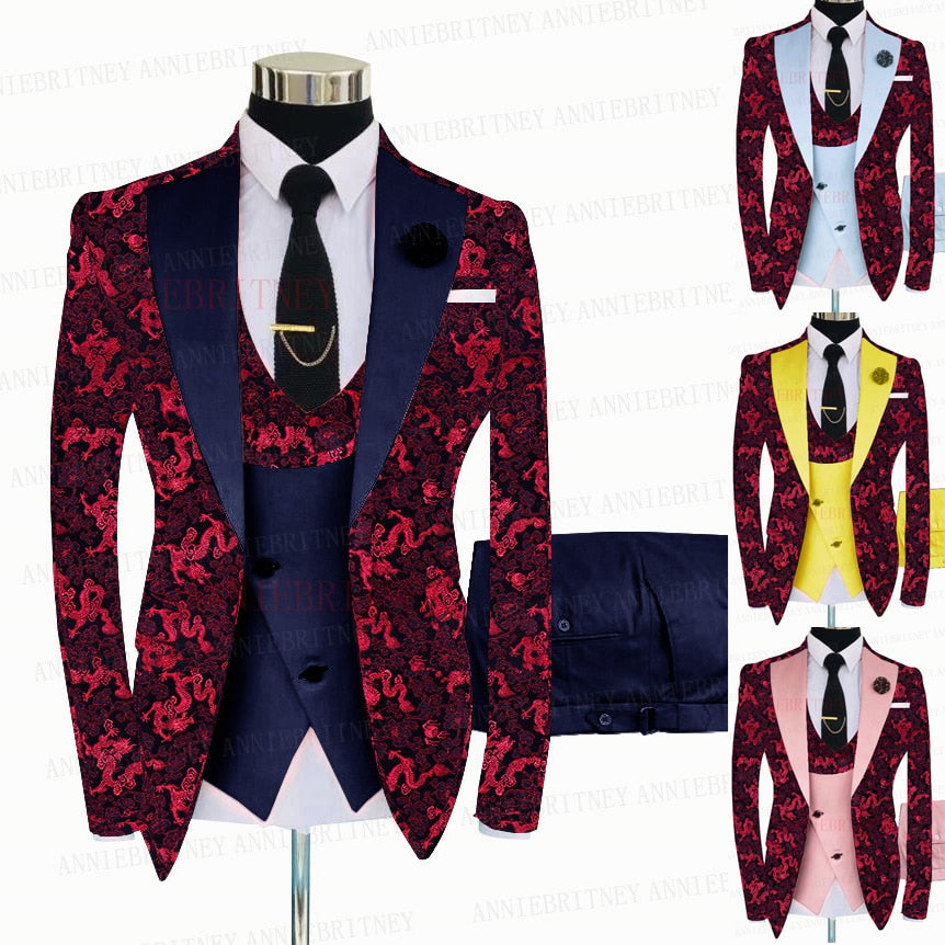 Red Floral Print Men's Suit 3 Pieces  Slim fit Suit Jacket For Wedding, Special Events