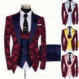 Red Floral Print Men's Suit 3 Pieces  Slim fit Suit Jacket For Wedding, Special Events