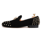 Men's Velvet Shoes: Stylish Slip-On Loafers with Gold Tiger Buckle and Spikes, Perfect for Fashion Parties and Casual Luxury