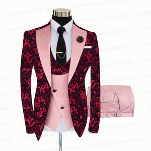 Red Floral Print Men's Suit 3 Pieces  Slim fit Suit Jacket For Wedding, Special Events