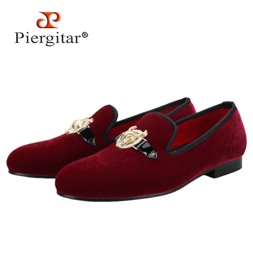 Piergitar Handmade Velvet Men's Smoking Slippers: Cow Buckle, Fashionable Slip-On Loafers for Prom and Banquets