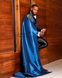 2pcs Blue Jacquard Men's Wedding  Slim Suit  Tuxedo With Cape