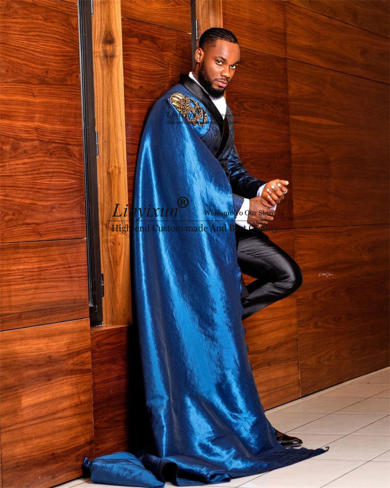 2pcs Blue Jacquard Men's Wedding  Slim Suit  Tuxedo With Cape
