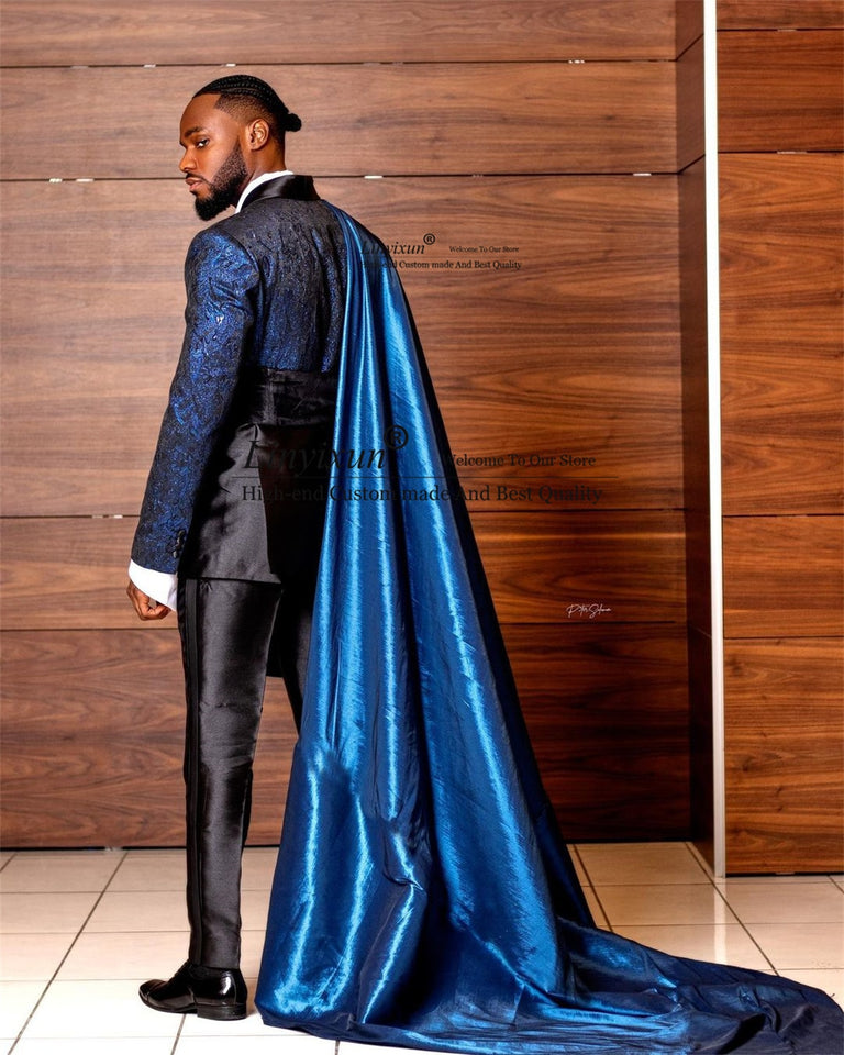 2pcs Blue Jacquard Men's Wedding  Slim Suit  Tuxedo With Cape