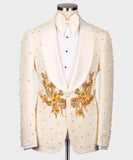 Luxury Groom Men's Suits Pearls Appliques Beige Wedding Tuxedo 3pcs Blazer Vest