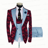 Red Floral Print Men's Suit 3 Pieces  Slim fit Suit Jacket For Wedding, Special Events