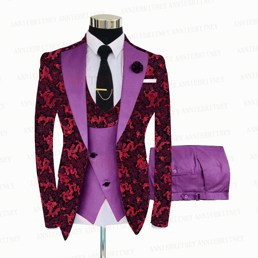 Red Floral Print Men's Suit 3 Pieces  Slim fit Suit Jacket For Wedding, Special Events