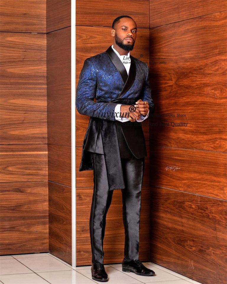 2pcs Blue Jacquard Men's Wedding  Slim Suit  Tuxedo With Cape