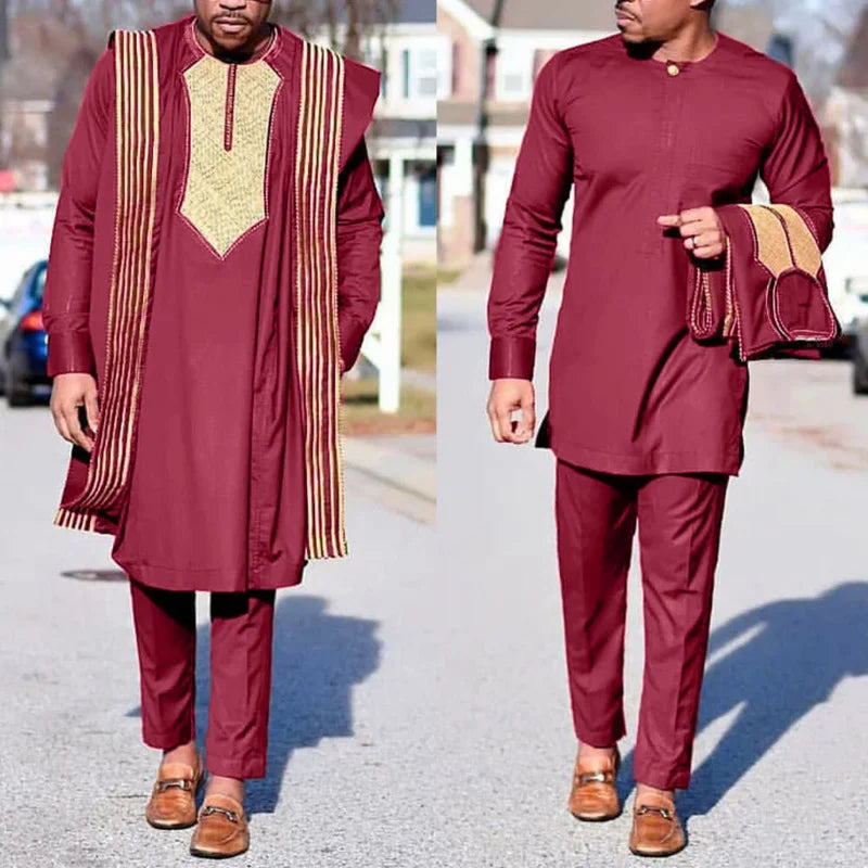 3Pcs African Agbada Suit For Men Embroidered Coat Shirt Pants