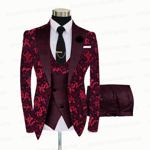 Red Floral Print Men's Suit 3 Pieces  Slim fit Suit Jacket For Wedding, Special Events