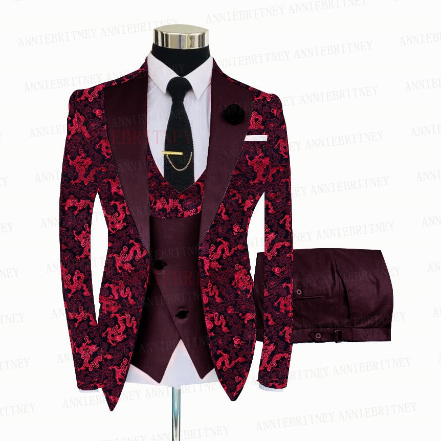 Red Floral Print Men's Suit 3 Pieces  Slim fit Suit Jacket For Wedding, Special Events