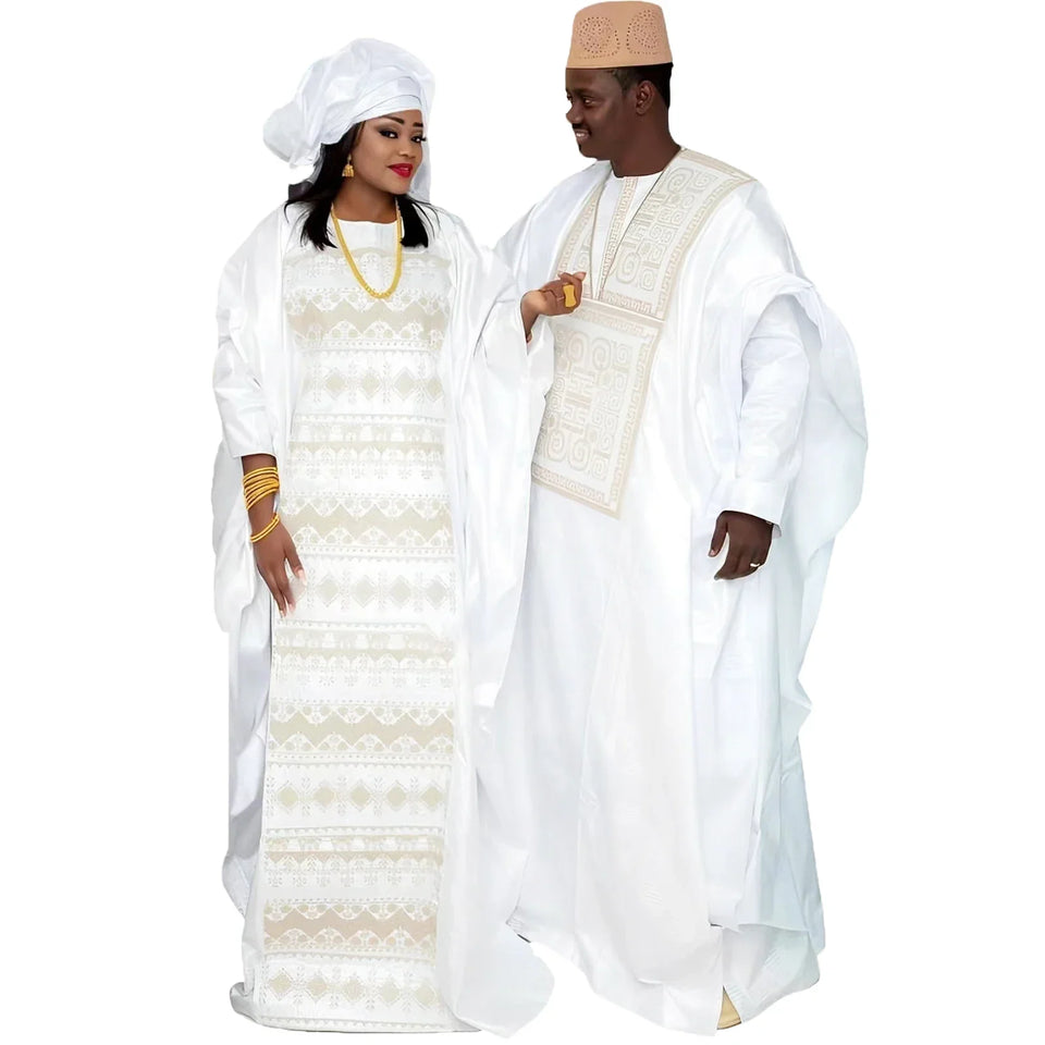 Traditional  Bazin Embroidery Dress with Headwrap, and 3Pcs Men's Outfit.