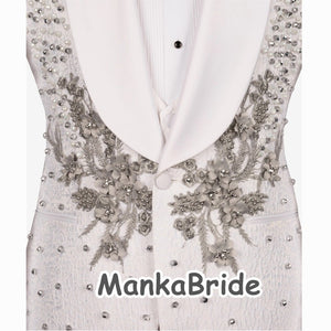 Luxury Wedding Tuxedo White Men's Suits 3pcs Slim Fit  Appliques Crystals