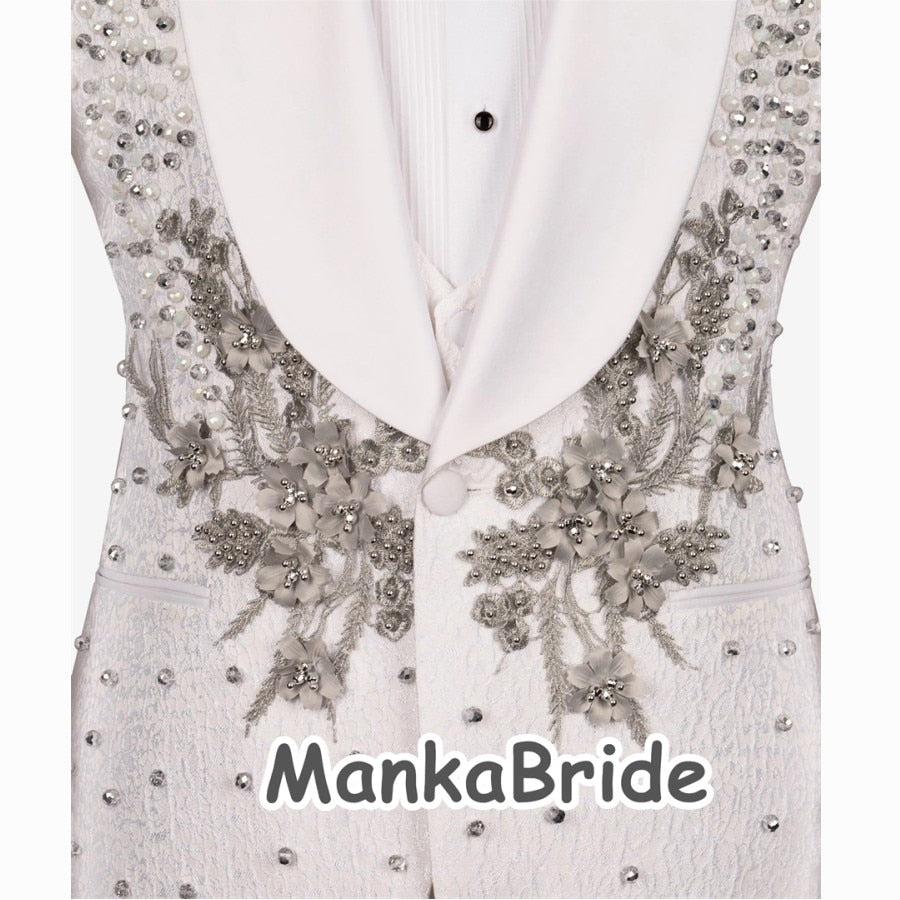 Luxury Wedding Tuxedo White Men's Suits 3pcs Slim Fit  Appliques Crystals