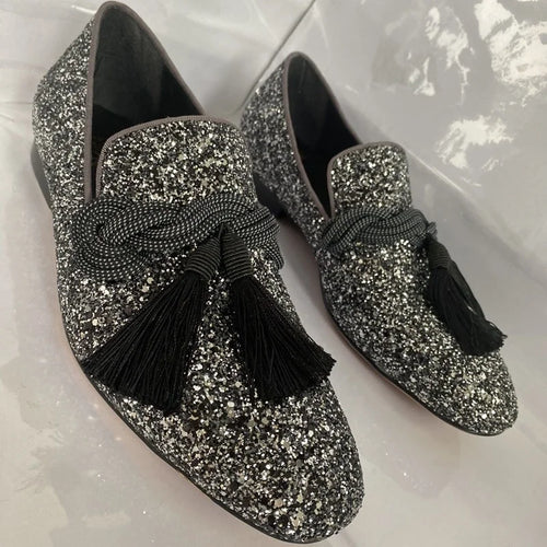 Classic Formal Italian Glitter Loafers: Plus Size Men's Sequin Tassel Dress Shoes for Weddings