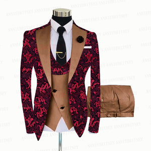 Red Floral Print Men's Suit 3 Pieces  Slim fit Suit Jacket For Wedding, Special Events