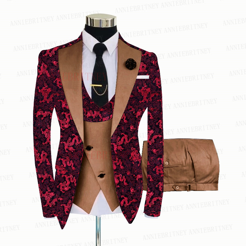 Red Floral Print Men's Suit 3 Pieces  Slim fit Suit Jacket For Wedding, Special Events