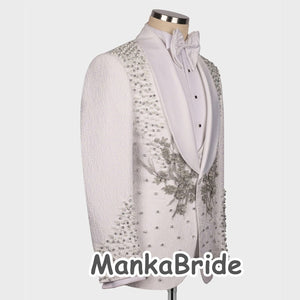 Luxury Wedding Tuxedo White Men's Suits 3pcs Slim Fit  Appliques Crystals