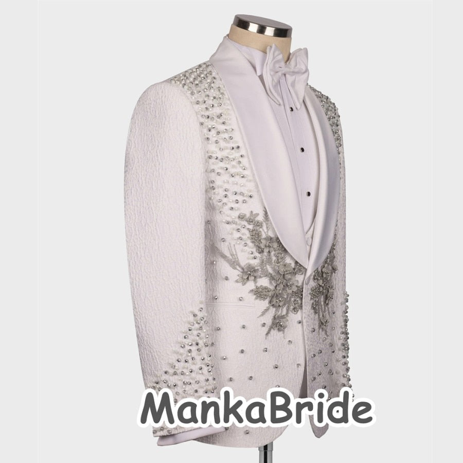 Luxury Wedding Tuxedo White Men's Suits 3pcs Slim Fit  Appliques Crystals