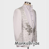 Luxury Wedding Tuxedo White Men's Suits 3pcs Slim Fit  Appliques Crystals