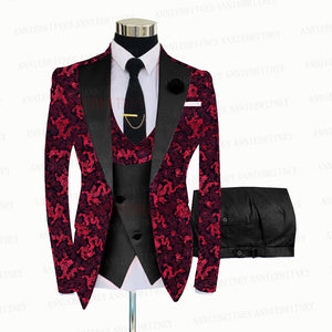Red Floral Print Men's Suit 3 Pieces  Slim fit Suit Jacket For Wedding, Special Events