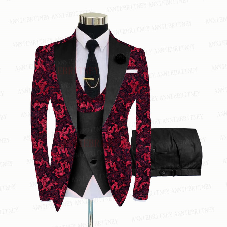 Red Floral Print Men's Suit 3 Pieces  Slim fit Suit Jacket For Wedding, Special Events