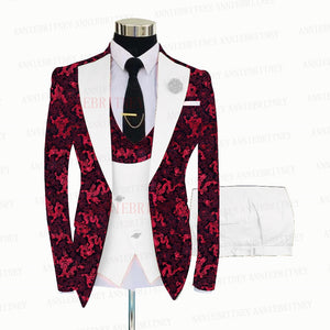 Red Floral Print Men's Suit 3 Pieces  Slim fit Suit Jacket For Wedding, Special Events