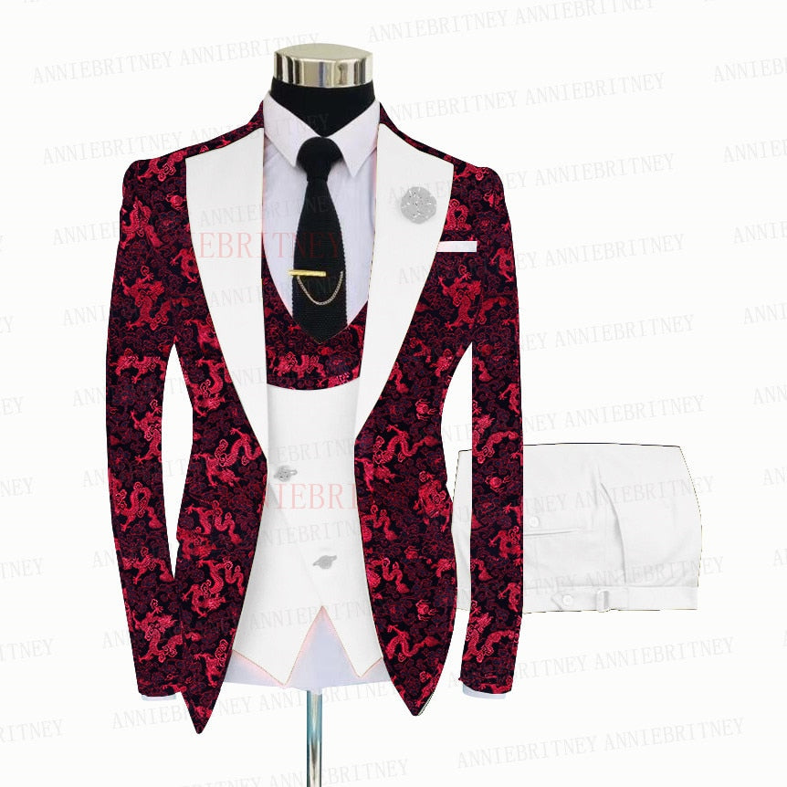 Red Floral Print Men's Suit 3 Pieces  Slim fit Suit Jacket For Wedding, Special Events