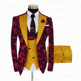 Red Floral Print Men's Suit 3 Pieces  Slim fit Suit Jacket For Wedding, Special Events