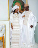 Traditional  Bazin Embroidery Dress with Headwrap, and 3Pcs Men's Outfit.