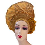 Head Wrap African Aso Oke Gele Headtie Auto Gele With Beads For Wedding Party