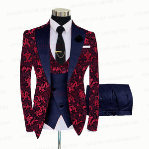 Red Floral Print Men's Suit 3 Pieces  Slim fit Suit Jacket For Wedding, Special Events