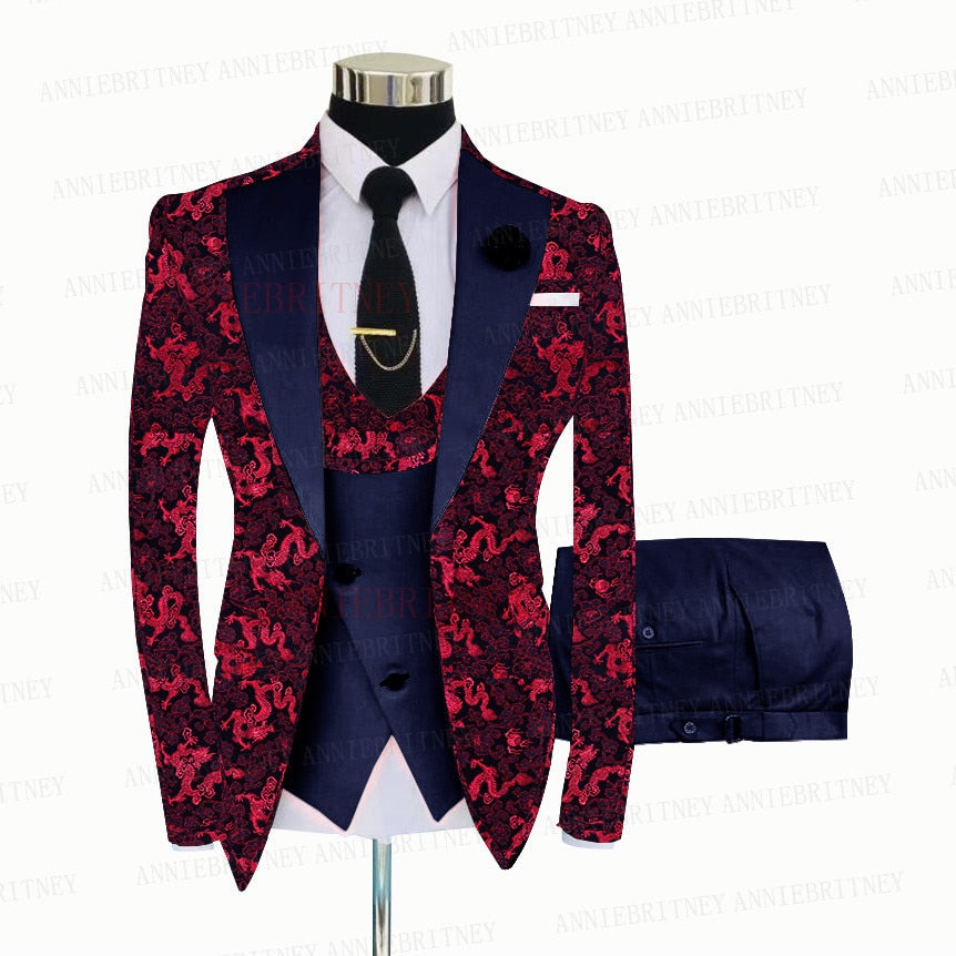 Red Floral Print Men's Suit 3 Pieces  Slim fit Suit Jacket For Wedding, Special Events