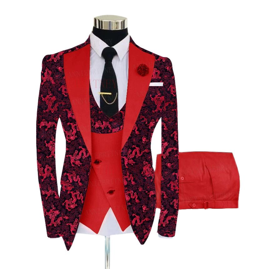 Red Floral Print Men's Suit 3 Pieces  Slim fit Suit Jacket For Wedding, Special Events