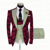 Red Floral Print Men's Suit 3 Pieces  Slim fit Suit Jacket For Wedding, Special Events