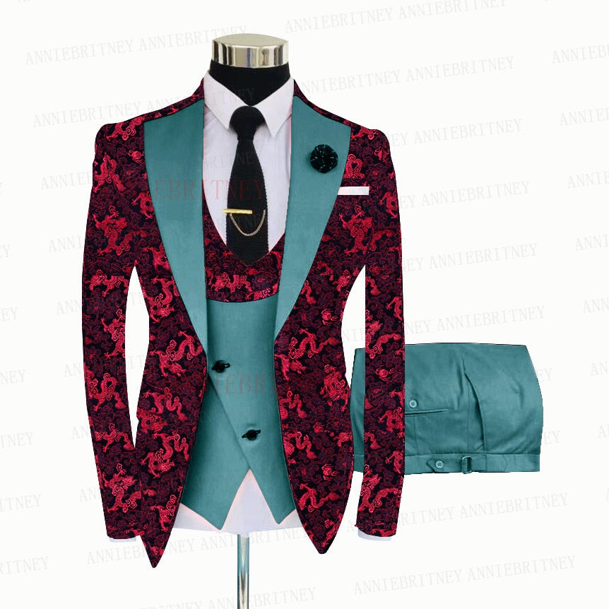 Red Floral Print Men's Suit 3 Pieces  Slim fit Suit Jacket For Wedding, Special Events