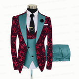 Red Floral Print Men's Suit 3 Pieces  Slim fit Suit Jacket For Wedding, Special Events