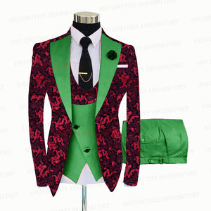 Red Floral Print Men's Suit 3 Pieces  Slim fit Suit Jacket For Wedding, Special Events