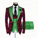 Red Floral Print Men's Suit 3 Pieces  Slim fit Suit Jacket For Wedding, Special Events