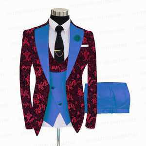 Red Floral Print Men's Suit 3 Pieces  Slim fit Suit Jacket For Wedding, Special Events