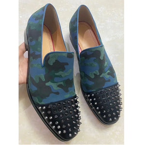 Handcrafted Men's Luxury Rivet Loafers: New Camouflage Spiked Slip-Ons in Leather, Perfect for Casual and Dressy Occasions