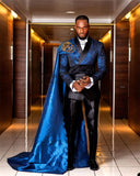2pcs Blue Jacquard Men's Wedding  Slim Suit  Tuxedo With Cape