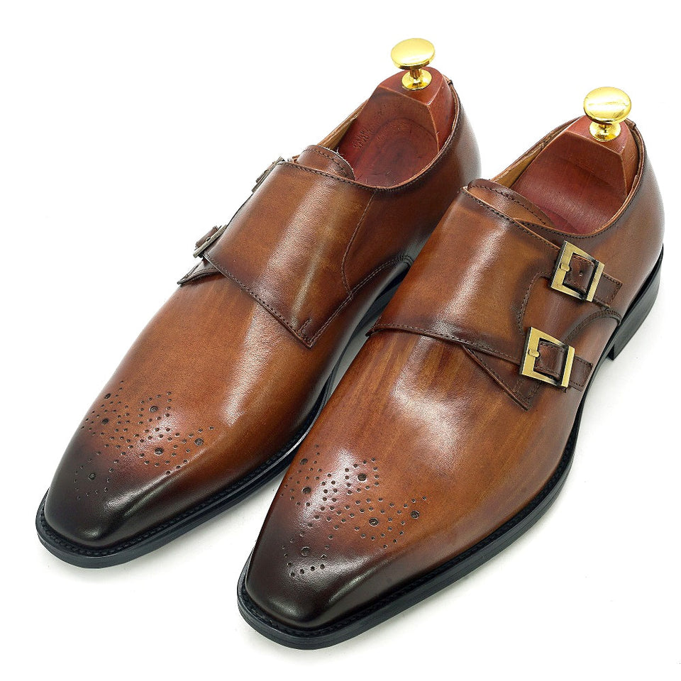 Double Monk Strap Oxford Shoes Men's  Genuine Leather Buckle