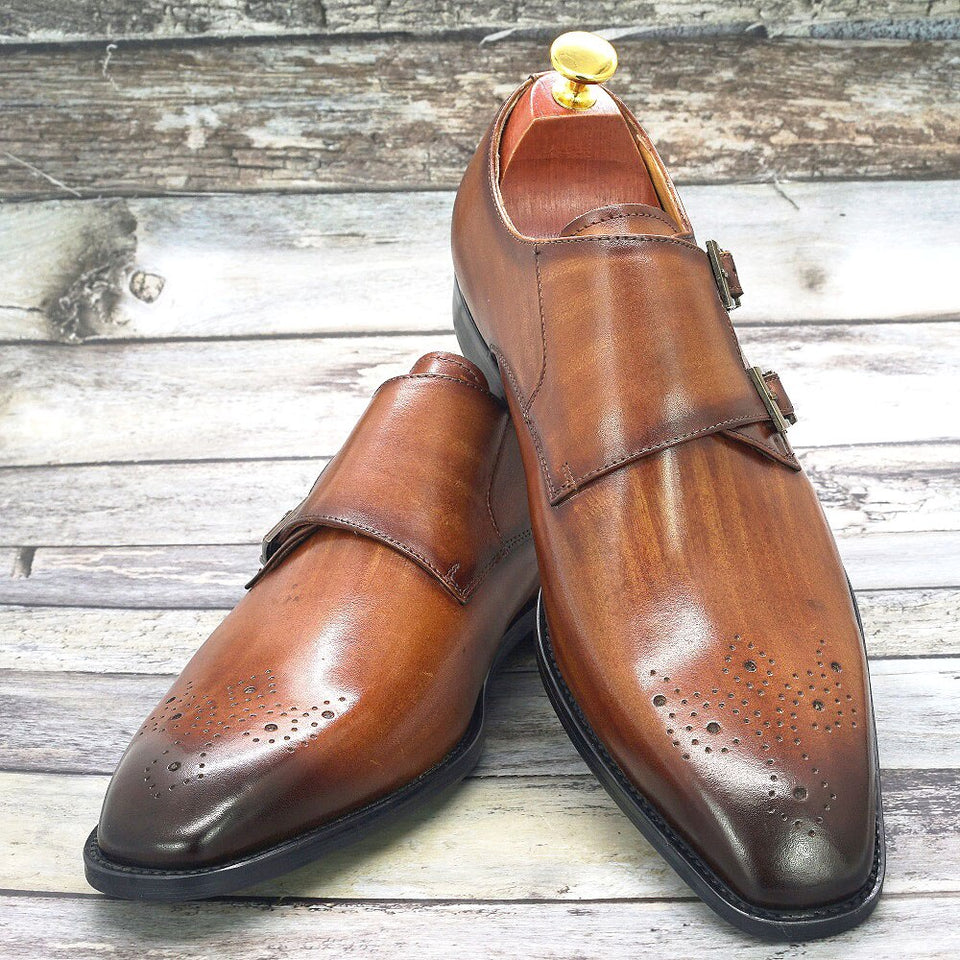 Double Monk Strap Oxford Shoes Men's  Genuine Leather Buckle