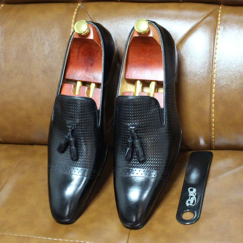 Men's Tassel Loafer Genuine Leather Black Brown Slip On