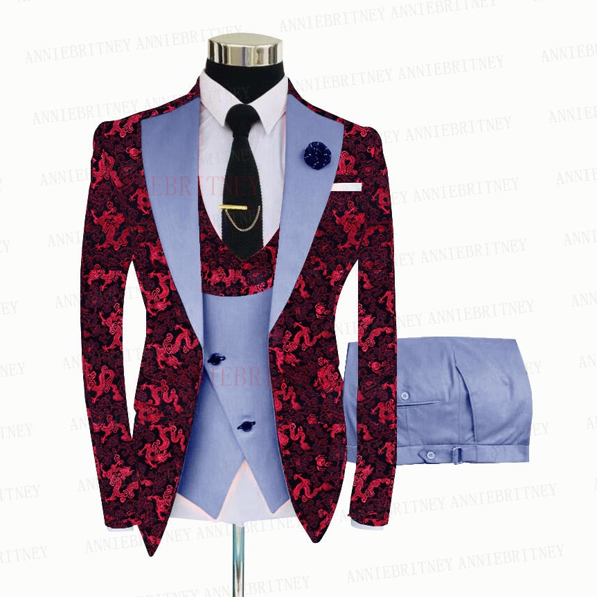 Red Floral Print Men's Suit 3 Pieces  Slim fit Suit Jacket For Wedding, Special Events