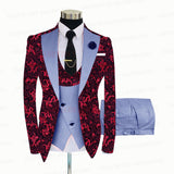 Red Floral Print Men's Suit 3 Pieces  Slim fit Suit Jacket For Wedding, Special Events