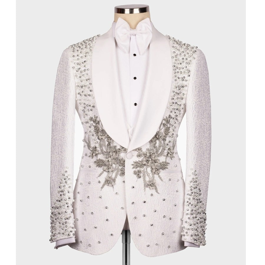Luxury Wedding Tuxedo White Men's Suits 3pcs Slim Fit  Appliques Crystals
