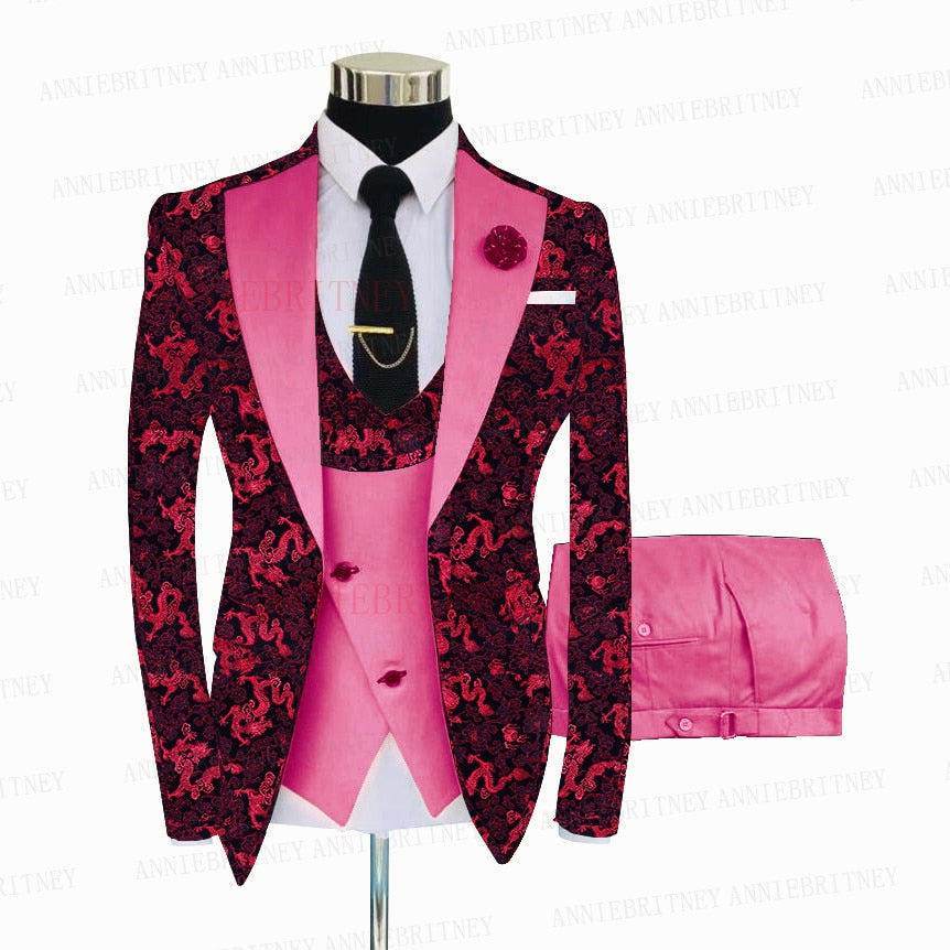 Red Floral Print Men's Suit 3 Pieces  Slim fit Suit Jacket For Wedding, Special Events